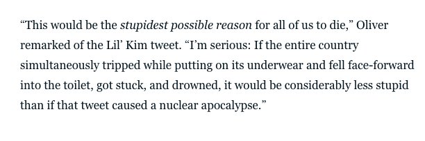 MarlowNYC's tweet photo. John Oliver: @realDonaldTrump's tweet at Kim Jong-un would be "the stupidest possible reason for all of us to die" https://t.co/yuk5Y2kLUO https://t.co/ooSQGFsikG