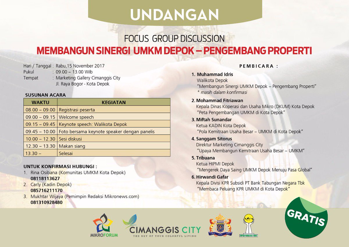 Lokasi acara diskusi: Marketing Gallery Cimanggis City 
Jalan Raya Jakarta - Bogor No. 65, Tugu, Cimanggis, Mekarsari, Cimanggis, Kota Depok, Jawa Barat 16451 (021) 30006868

goo.gl/maps/RociusHhJ…