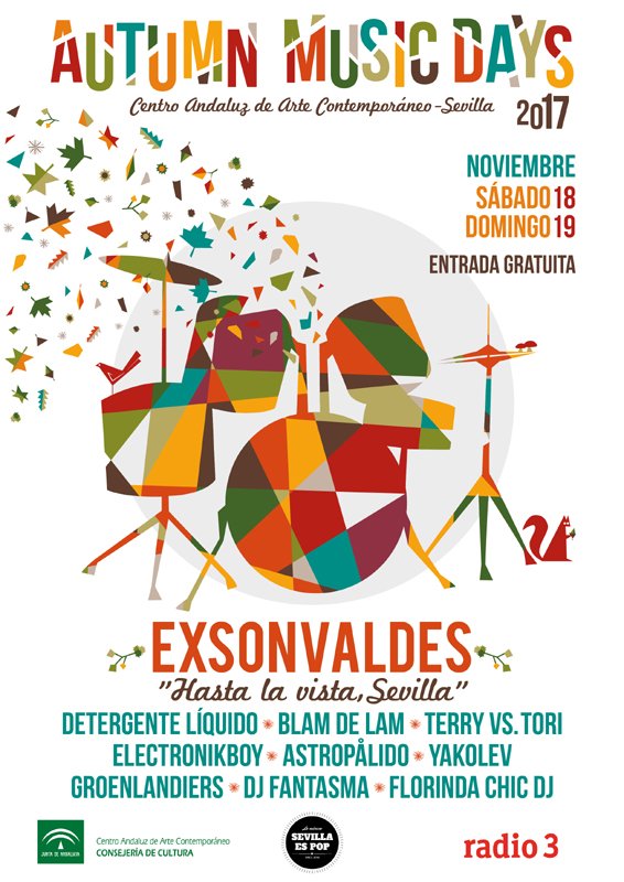 18 y 19 NOV, el #CAAC acoge 3ª edición de #AutumnMusicDays 🎶😊, con actuaciones de <a href="/exsonvaldes/">Exsonvaldes</a>, <a href="/Detergentepop/">Detergente Líquido 液体洗剤</a>, <a href="/terryvstori/">Terry vs. Tori</a>, <a href="/BlamdeLam_/">Blam de Lam</a>, <a href="/_ELECTRONIKBOY/">Electronikboy</a>, <a href="/Yakolev_Spain/">Yakolev</a> y <a href="/astropalido/">Astropålido</a>. Organiza: <a href="/SEVILLAesPOP/">SEVILLAesPOP</a>. Colabora: <a href="/radio3_rne/">Radio 3</a>. + info: bit.ly/2zjILDw