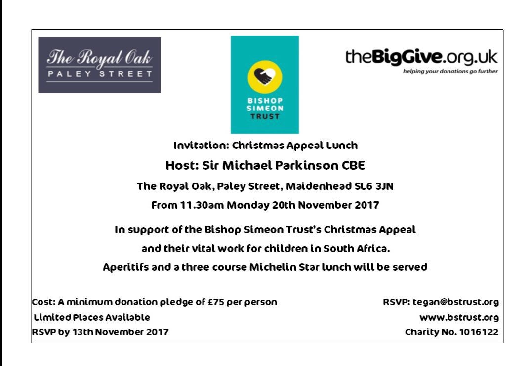 RedbushTeaCo's tweet photo. @bstrust_org have two pairs of tickets for a Michelin starred lunch next Monday, 20th Nov, you will be in great company - Sir Michael Parkinson CBE will host as their patron and to tell you all why he supports the Trust. RSVP today please, £75 pledge pp. https://t.co/PBwvF3QIbm