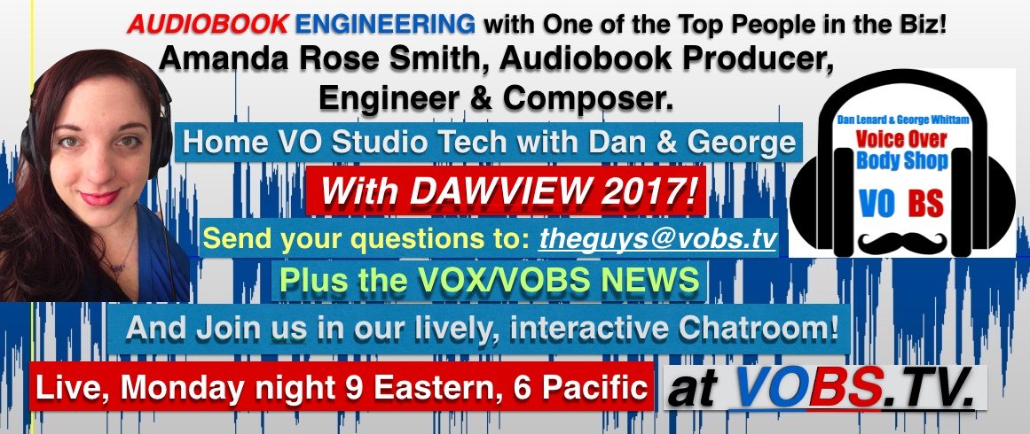 VoiceOverXtra's tweet photo. Guest #AmandaRoseSmith talks #audiobook #engineering tonight on #VoiceOverBodyShop webcast ... https://t.co/PlB20646Bk #voiceover https://t.co/YBpQ21nb1W