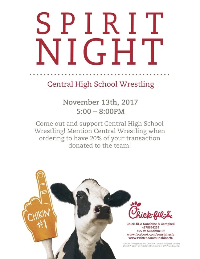 Please stop at the Chick-fil-A by Bass Pro TONIGHT and turn in receipts to support CHS Wrestling!!!! <a href="/CentralBulldog/">Central High School</a> <a href="/Central_AD/">Central (SPFD) High School Athletics</a> <a href="/CHSbulldogfball/">Central HS Football</a> <a href="/CentralPTSA/">CHS PTSA</a> <a href="/cheerCHSdogs/">Central Cheerleadin</a> <a href="/Drury_Wrestling/">Drury Wrestling</a> <a href="/CHSKilties/">Central Kilties</a> <a href="/CentralDogPound/">CHS Dog Pound</a> <a href="/centraldebate/">CHS Debate</a> @CentralHSSoccer <a href="/CHSSeniorStuCo/">Central Senior StuCo</a>