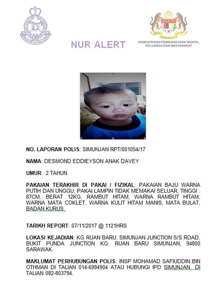 Kkmm Sur Twitter Hebahan Nur Alert Kehilangan Kanak Kanak Adik Desmond Eddieyson Anak Davey Sekiranya Terdapat Maklumat Mengenai Kanak Kanak Ini Sila Hubungi Insp Mohamad Safiuddin Bin Othman Di Talian 014 6994904 Ipd