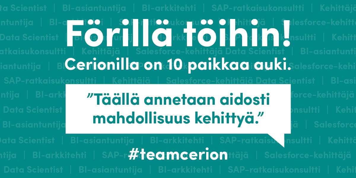CerionSolutions's tweet photo. Hei me rekrytään! Data Scientist, BI-asiantuntija, kehittäjä,
Salesforce-kehittäjä. Laita hakemusta tulemaan! #teamcerion
#yourdataway https://t.co/Rw1jCsy5RO https://t.co/P9Rsp1CGkU