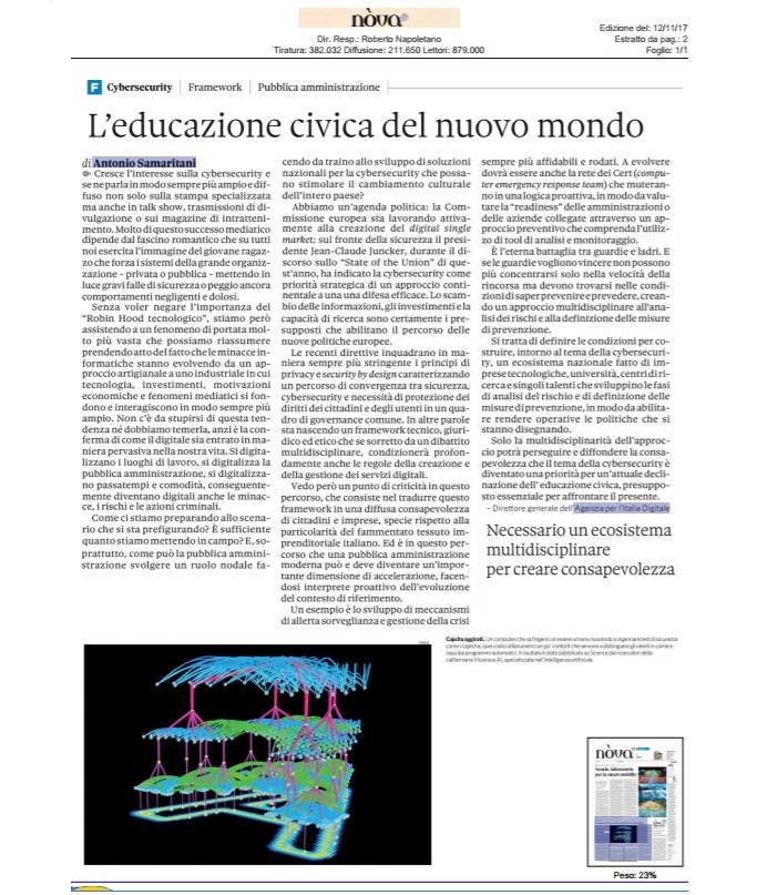 AgidGov's tweet photo. #LunedìAgID 🗞️Quali sono le azioni che Pubblica amministrazione può mettere in campo per creare consapevolezza sull’importanza della #cybersecurity? | Lo racconta Antonio Samaritani, DG #AgID in "L'educazione civica del nuovo mondo" su @Nova24Tec 
▶https://t.co/MOLsAJsLE0 https://t.co/WQ3QpywlRb