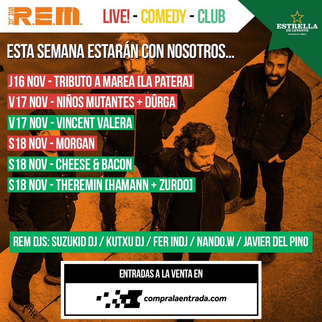 Esta semana en <a href="/SalaRem/">Sala REM</a> tendremos a <a href="/n_mutantes/">Niños Mutantes</a> <a href="/morgan_musica/">MORGAN</a> <a href="/lapateratributo/">La Patera - Tributo a Marea</a> <a href="/vincentvalera/">Vincent Valera</a> <a href="/CheeseBaconDjs/">CheeseAndBacon Djs</a> <a href="/Suzukid_DJ/">Rubén Suzukid</a> <a href="/FerIndj/">Fer Indj</a> <a href="/Kutxu_Dj/">Kutxu Martínez</a>...