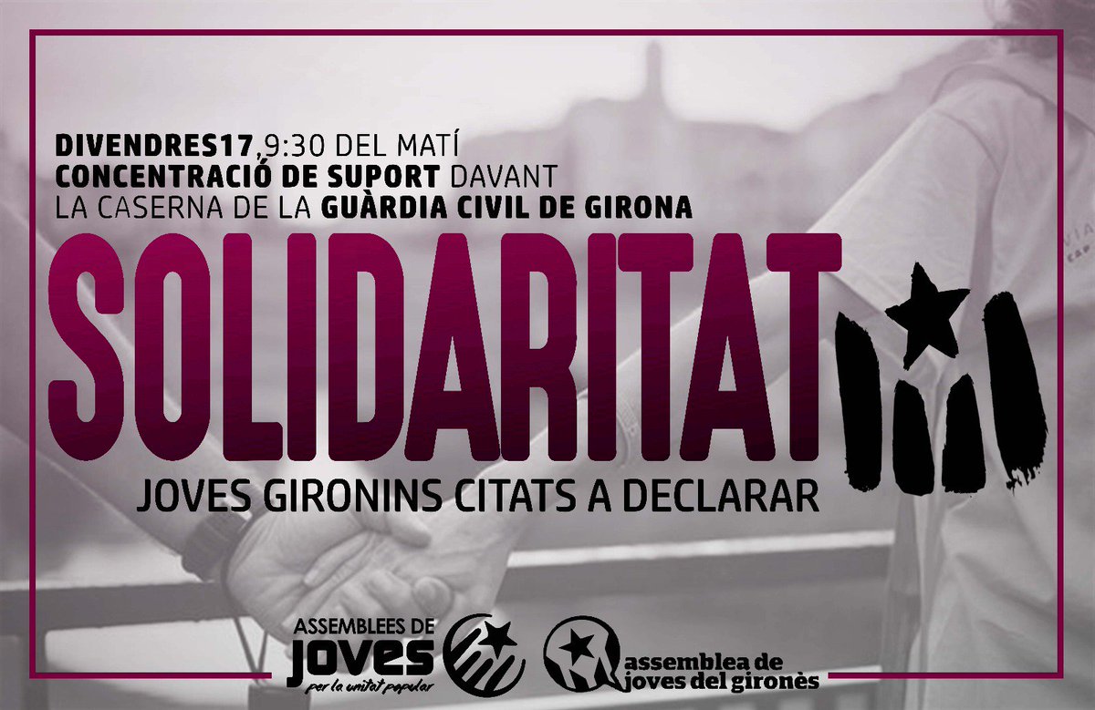 ❌ACTIVEM LA SOLIDARITAT❌

Dos membres de @jovesgirones i <a href="/assembleesjoves/">Assemblees de Joves</a> citats a declarar divendres a la guàrdia civil de #Girona