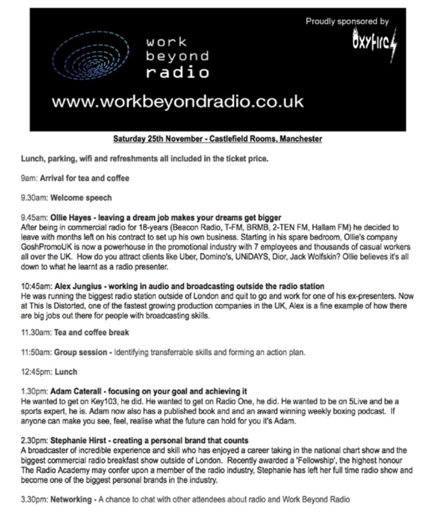 WorkBeyondRadio's tweet image. #WorkBeyondRadio - Proudly sponsored by @oXyFireLive, your production partner.

This is what you can expect on Saturday 25th November @castlefield92 in Manchester.  Secure your place: workbeyondradio.co.uk   #UKradio