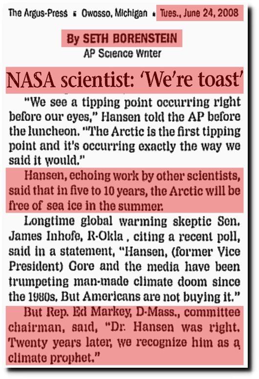 Tony__Heller's tweet photo. - @NASA 's top climate expert, James Hansen, predicted that by 2018 the Arctic would be ice-free, and Lower Manhattan would be underwater. Democrats call him a "climate prophet." Only six weeks left to go!
https://t.co/3qqWrWmdze https://t.co/vG9EpW1dBb