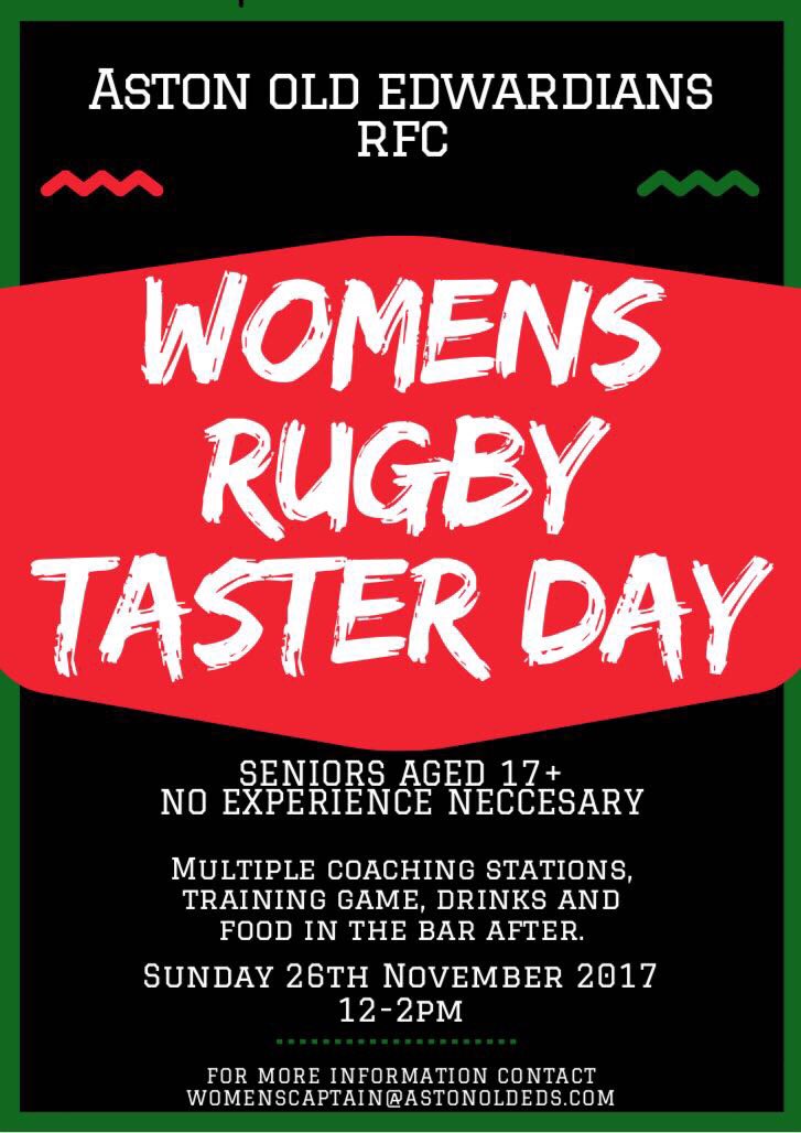 aoewomens's tweet photo. Women’s Rugby Taster Day at @AOERFC 
Sunday 26th November 12pm-2pm
Special Guest Coaches
For all women 17 and above! https://t.co/lFWHrXO1wJ