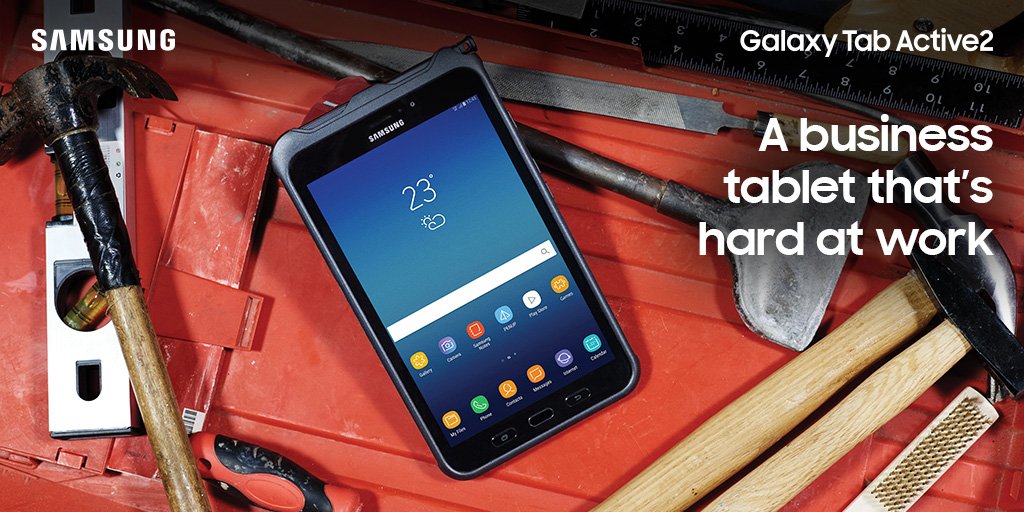samsungbusiness's tweet photo. Introducing the Galaxy #TabActive2: the ruggedised business tablet that helps you stay productive wherever work takes you. With water & dust resistance, a replaceable battery, anti-shock cover & S Pen, you can get more done even in challenging environments https://t.co/Q4pI5golIP https://t.co/FSt5EyHbMk