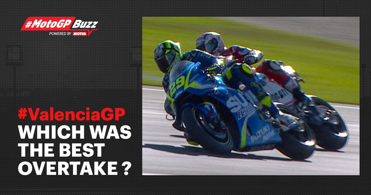 MotoGP's tweet photo. #MotoGPBuzz Overtakes: #Overtake2

Dovizioso makes his move on Iannone

Was this the best overtake of the #ValenciaGP?

Watch, vote, share!

VIDEO @motul | 🎥 https://t.co/WKMSxseA9w https://t.co/0k2bOwGTat