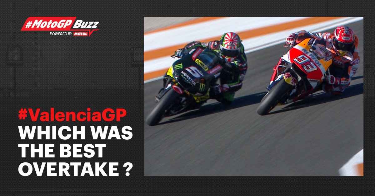 MotoGP's tweet photo. #MotoGPBuzz Overtakes: #Overtake3
Marquez risks it all as he takes Zarco for the lead!
Was this the best overtake of the #ValenciaGP?
Watch, vote, share!
VIDEO @motul | 🎥 https://t.co/WKMSxseA9w https://t.co/J4dalvwltU