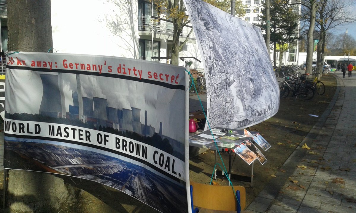 JusHambi's tweet photo. #StopCoal #infopoint in front of #COP23 Heussalee entrance mon-fri #LeaveItInTheGround #climatejustice #Kohleausstieg 
#Hambach #Forest #RWE https://t.co/JNHX4Bg9eY