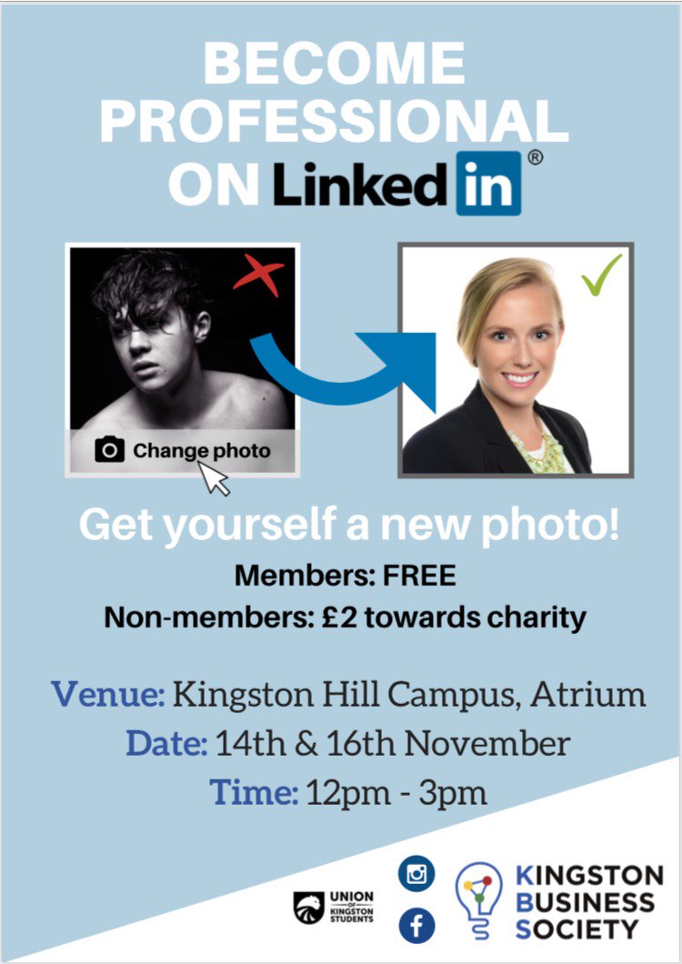 union_kingston's tweet photo. LinkedIn profiles are vital in any job hunt, but not everyone gives attention to their photo! Kingston Business Society (KBS) can help. KBS will be holding drop in photo sessions at Kingston Hill Business Atrium this week. When: 12-3pm on 14th and 16th of November 201#smile https://t.co/zLcNCot9le
