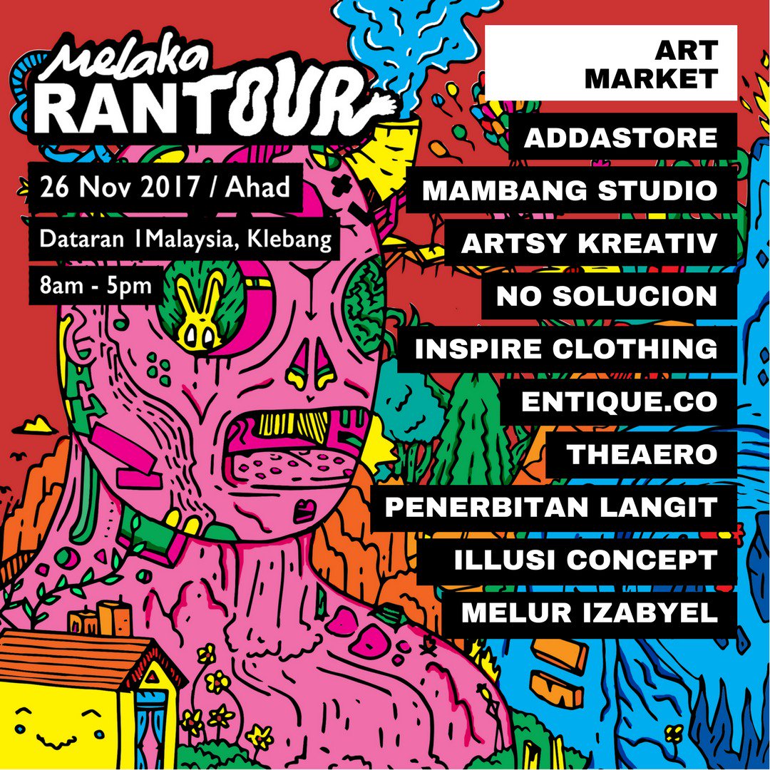 Rantaiart's tweet photo. Creative Vendors for Art Market by RANTAI di RANTOUR Melaka @ GEN-Y Green The City Melaka 2017, pada 26 November. Dataran 1Malaysia, Klebang. Bermula jam 8am - 5pm. Free entry
@AddaStore @Inspireco_
@IAMABSTRAX @terbitanlangit @RebongMy & etc
#RANTOUR17 @twt_seni https://t.co/jopNoNbeW8