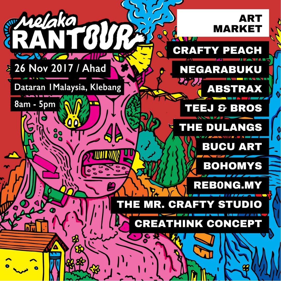 Rantaiart's tweet photo. Creative Vendors for Art Market by RANTAI di RANTOUR Melaka @ GEN-Y Green The City Melaka 2017, pada 26 November. Dataran 1Malaysia, Klebang. Bermula jam 8am - 5pm. Free entry
@AddaStore @Inspireco_
@IAMABSTRAX @terbitanlangit @RebongMy & etc
#RANTOUR17 @twt_seni https://t.co/jopNoNbeW8
