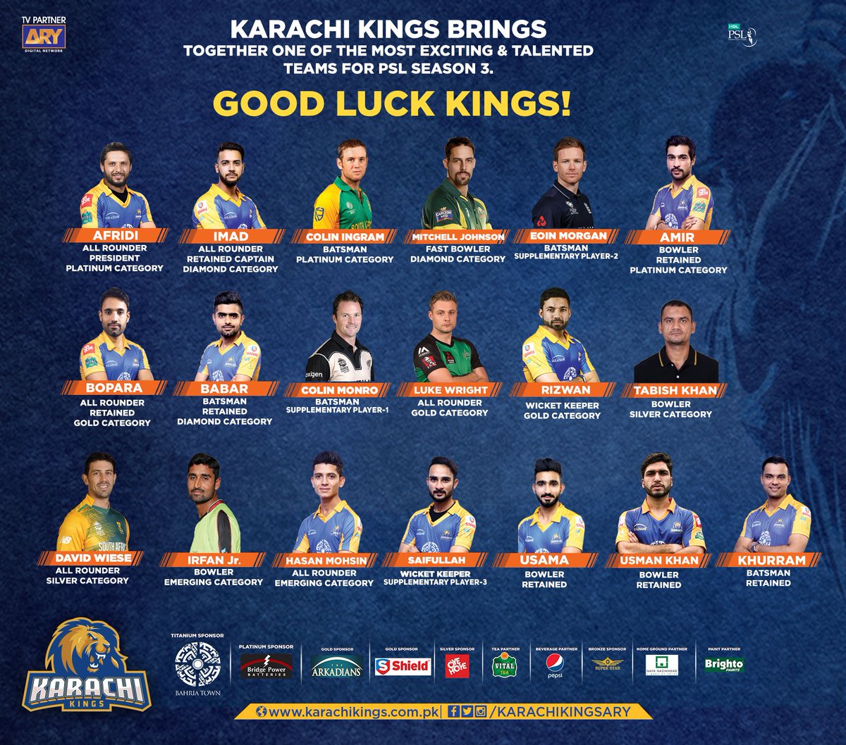 KarachiKingsARY's tweet photo. #KarachiKings Squad - one of the most exciting &amp; talented teams for #HBLPSL3. Good Luck Kings!
@Salman_ARY  @SAfridiOfficial  @simadwasim https://t.co/V5n2fBswwD