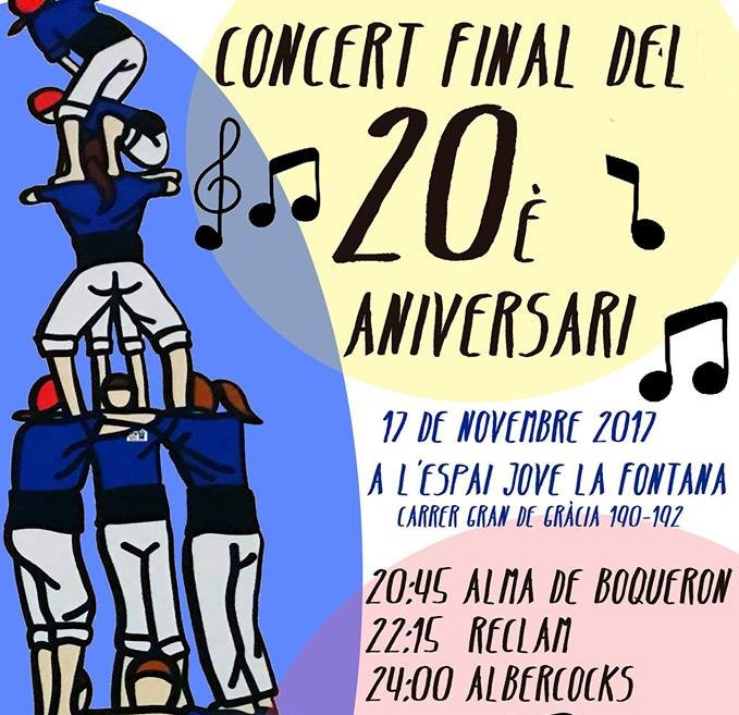 🔝 <a href="/almadeboqueron/">Alma de Boqueron</a> <a href="/reclamrock/">Reclam</a> i @Albercocks 👉 El concertàs d'aquesta nit a <a href="/EjLaFontana/">Espai Jove La Fontana</a> per celebrar l'aniversari dels <a href="/cvg_cat/">Castellers de la Vila de Gràcia</a>! sortimbcn.cat/evento/concert…