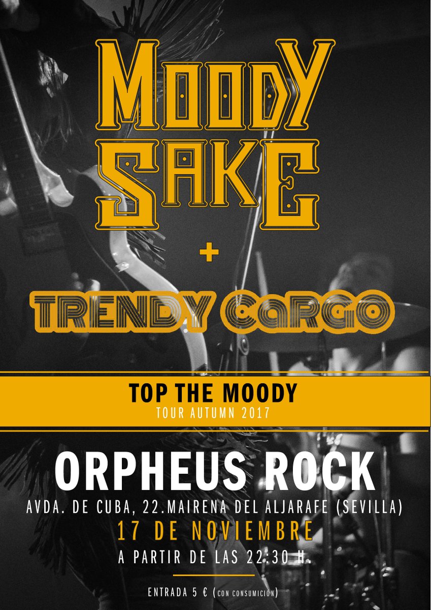 moodysake's tweet photo. Andalucía esta semana! Sigue todo el Tour! NOW!
Sevilla · 17 en #SalaOrpheus w/ Trendy Cargo
Málaga · 18 en #ZZpub
#AutunmTour2017 #TopTheMoodyTour #ShareTheMoody
https://t.co/0Cf1Ly05cQ https://t.co/m2T5lXeVFz