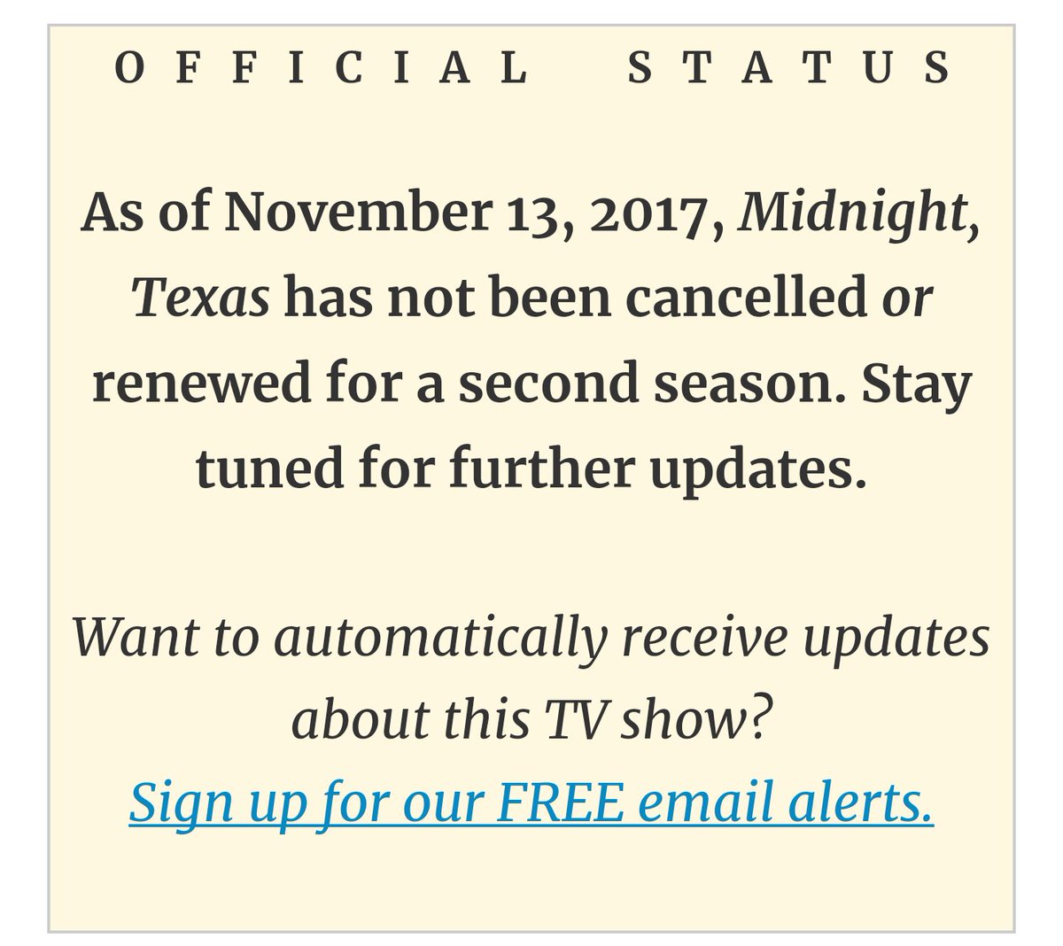lin58m's tweet photo. @_Midnighters_ @nbc @NBCMidnightTX Yes we are! This is posted daily on our fan page and I will not stop until it's says #Renewed! So come on and just #RenewMidnightTexas #FansWantMore #MrSnugglyneedswork https://t.co/Bam7nGF4uw