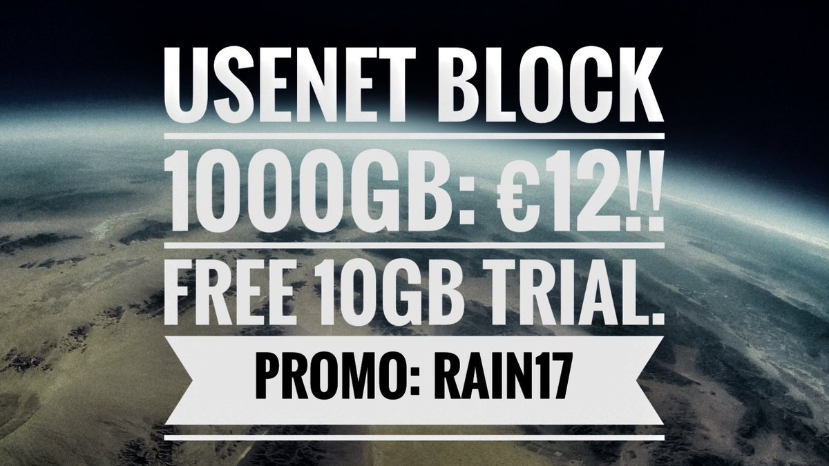 Bulknews's tweet photo. BLOCK 1000GB: €12!!
Free 10GB trial, SSL. Till 20 nov. 17.
Promo: rain17 #deal #usenet #payserver #newsserver
https://t.co/8oYrLvvnFj https://t.co/kd4xMsJxMW