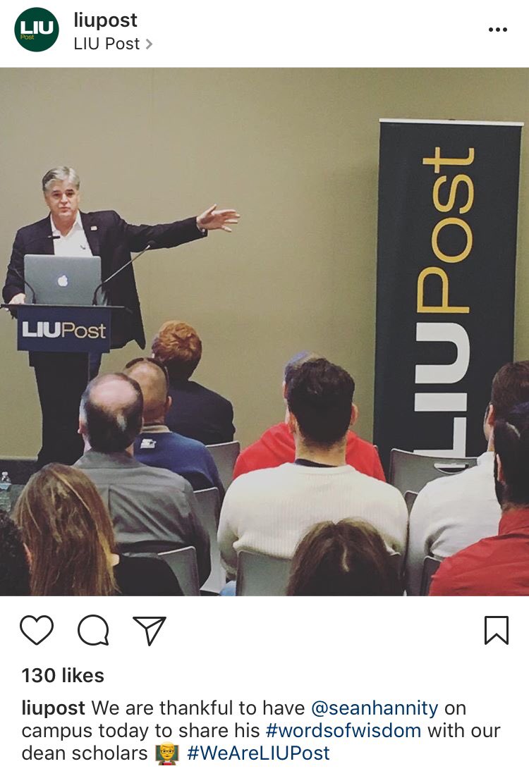 LMKotti's tweet photo. Dear @LIUPost How can you be proud to learn “#wordsofwisdom” from a person who stands for such division, who labels the press “fake news” and advocates lunatic conspiracy theories? The degree is going off the wall #usedtobeproud https://t.co/B9fj0zxbvr