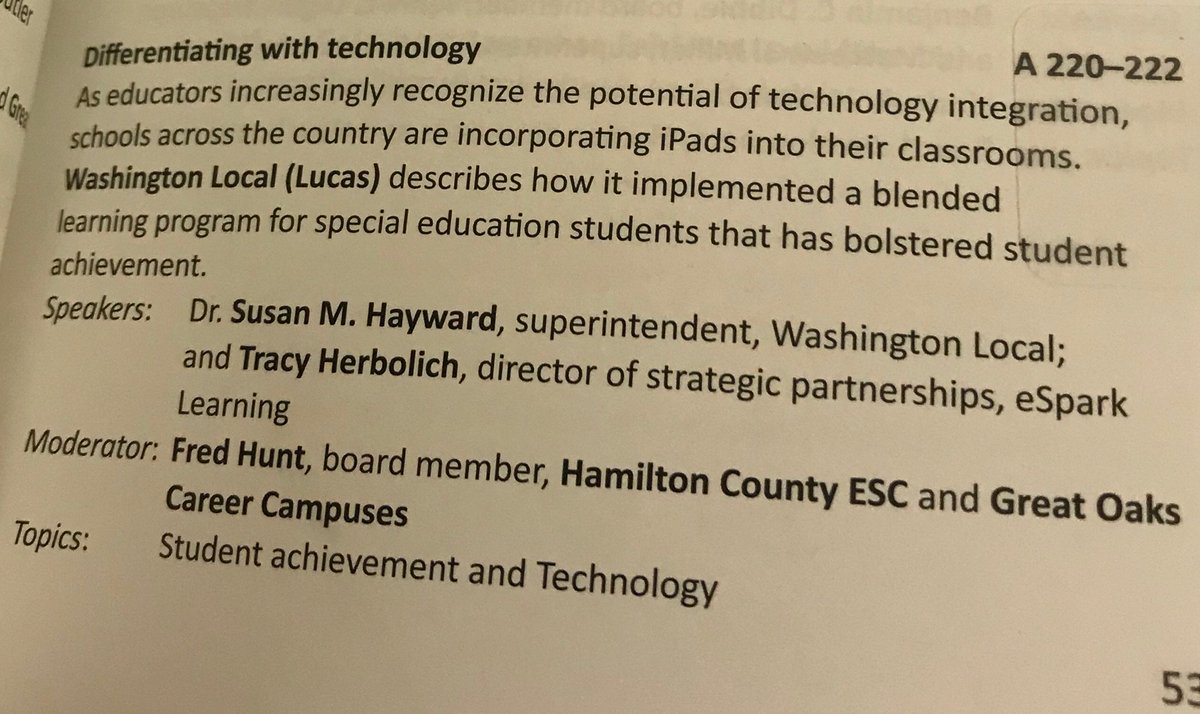 WLS4Kids's tweet photo. Washington Local's @eSparkLearning pilot and its success in bolstering achievement for students with special needs through a blending learning environnment were celebrated in @SuptHayward's presentation on Differentiating with Technology at the @OHschoolboards conference. #OSBACC https://t.co/hMKBahSFiu