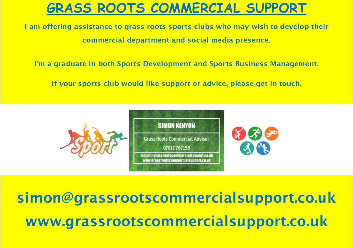 I am offering assistance to grass roots sports clubs who may wish to develop their 
commercial department and social media presence.
I’m a graduate in both Sports Development and Sports Business Management. 
​If your sports club would like support or advice, please get in touch.