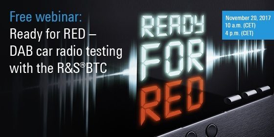 ProradioTv's tweet photo. Free webinar @RohdeSchwarz: "Ready for RED – DAB car radio testing with the R&amp;S®BTC" -  Monday November 20, 2017 10 am (CET) / 4 pm (CET). Presenter: NikDimitrakopoulos,  
Register here, now: https://t.co/GpvPPI7op3 https://t.co/dJteWZKE2r