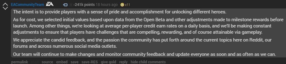OfficialPCMR's tweet image. EA's response to their content locking in /r/StarWarsBattlefront is now the most downvoted comment in reddit history.