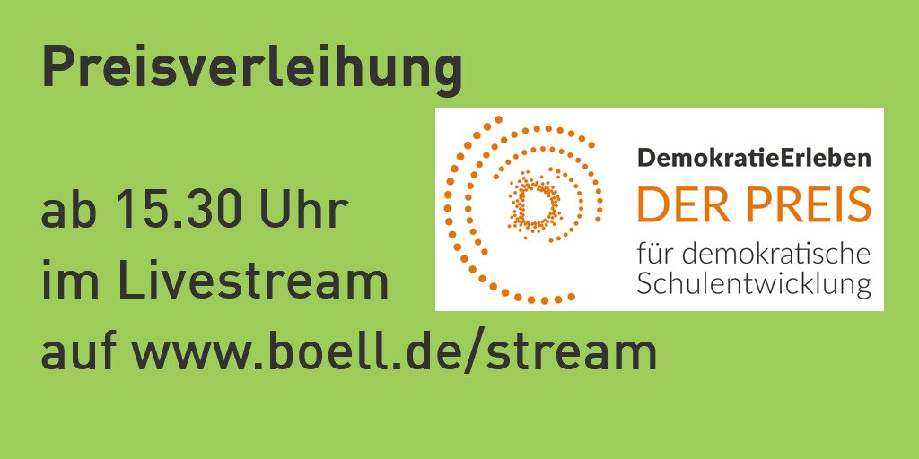 BoellStiftung's tweet photo. Preisverleihung - ab 15.30 Uhr im #Livestream:
#DemokratieErleben - Preis für demokratische Schulentwicklung
mit Jutta #Allmendinger @WZB_Berlin @SylviaLoehrmann , Christa #Goetsch , Lea Jaenicke & Livemusik von @Dota_Kehr auf https://t.co/tggX9BrBuG #Demokratie #DeGeDe #Schule https://t.co/VCZ7OkQwA3