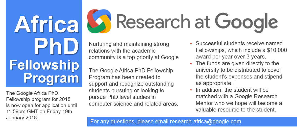 UCTpostgrads's tweet photo. Apply now! @googleafrica PhD #Fellowship Program has been created to support &amp; recognize outstanding students pursuing or looking to pursue PhD level studies in #ComputerScience &amp; related areas. Details: https://t.co/KntopP1QpS https://t.co/Wrw4GeGqUg