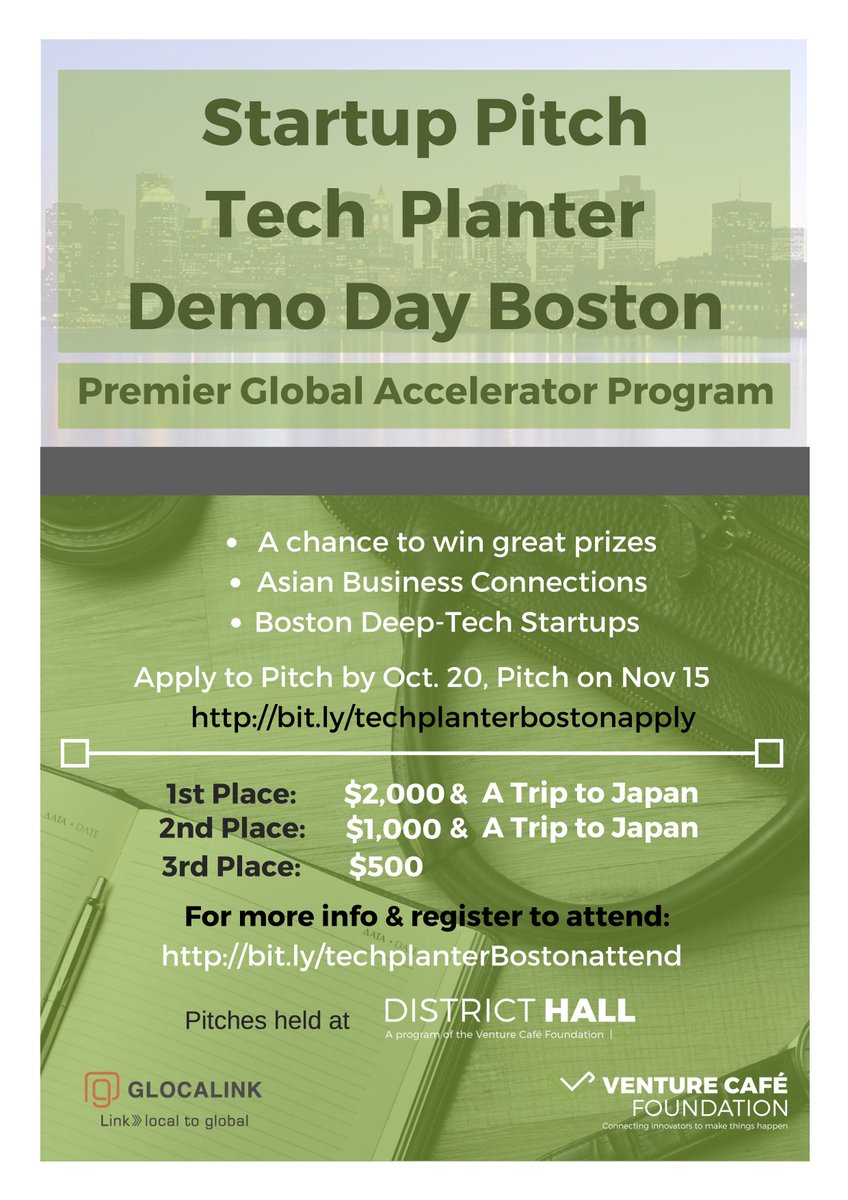 See pitches from <a href="/admetsys/">Admetsys</a> @DropletteDevice @franklinrobotic @Guardiontech
<a href="/zombaitlures/">zombait</a> <a href="/MIT_pipeguard/">Pipeguard Robotics💧</a>
<a href="/PowerPlayTech/">PowerPlay</a> <a href="/ArrowoodTech/">Ethan Arrowood</a> @askwooboo &amp; more on 11/15 @venturecafe @districthall bit.ly/techplanterBos…