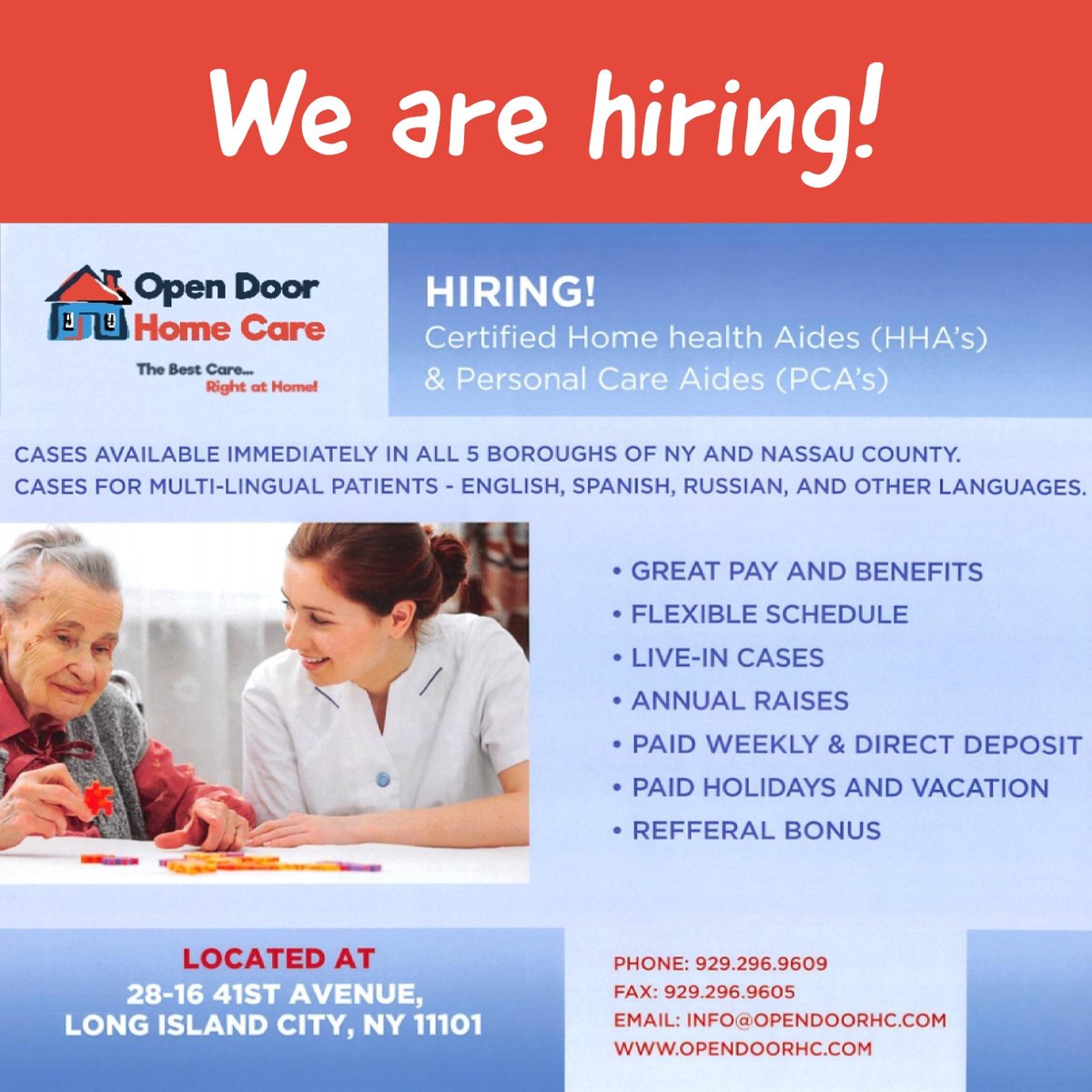 Join #OpenDoorHC caregivers team!
#OpenDoor #NewYork #Nassau #NYJobs #seniorcare #spanishcaregiver #russiancaregiver #homecareaide #homecarejobs #seniors #helpceniors #personalcare #aide #PCA #HHA