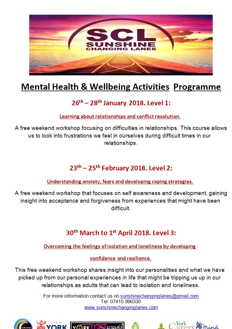 sunshineCLuk's tweet photo. Check out our FREE weekend workshops for 2018: January - Conflict Resolution and Anger Management, February - Anxiety, and March - Isolation and Loneliness. All take place @TheYorkMind for more information contact us via the details on the poster. #mentalhealthyork #groupwork https://t.co/8o7whqDXIz