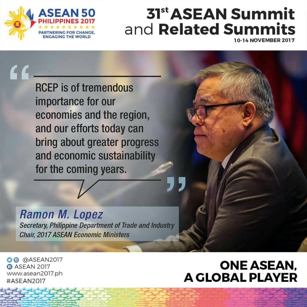 Trade Secretary Ramon Lopez led the preparatory discussions on the Regional Comprehensive Economic Partnership (RCEP) on 12 November. Read the full text of his opening remarks HERE: goo.gl/hQLCaa
#31stASEANSUMMIT
#ASEAN2017
#ASEAN50
#iamDTIph