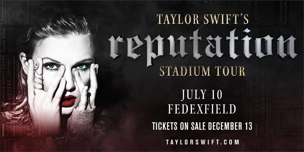NWStadium's tweet photo. Taylor Swift’s reputation Stadium Tour is coming to @FedExField on July 10! Register now at https://t.co/8Pkj901Xh0 https://t.co/FQxHCfMtd4