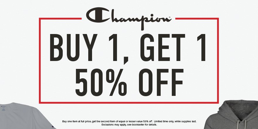 Sale alert! All Champion apparel is now BOGO 50% off. Shop here: expi.co/01bW1c
