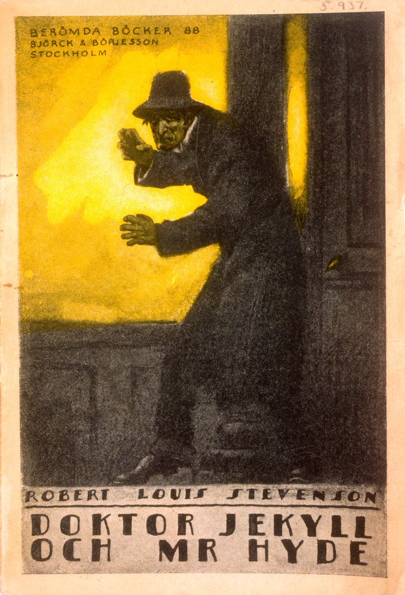 natlibscot's tweet photo. A great illustration on the front cover of a 1921 Swedish translation of Dr. Jekyll and Mr Hyde, as seen in our collections.

#RLSDay https://t.co/Q7f97PfyCS
