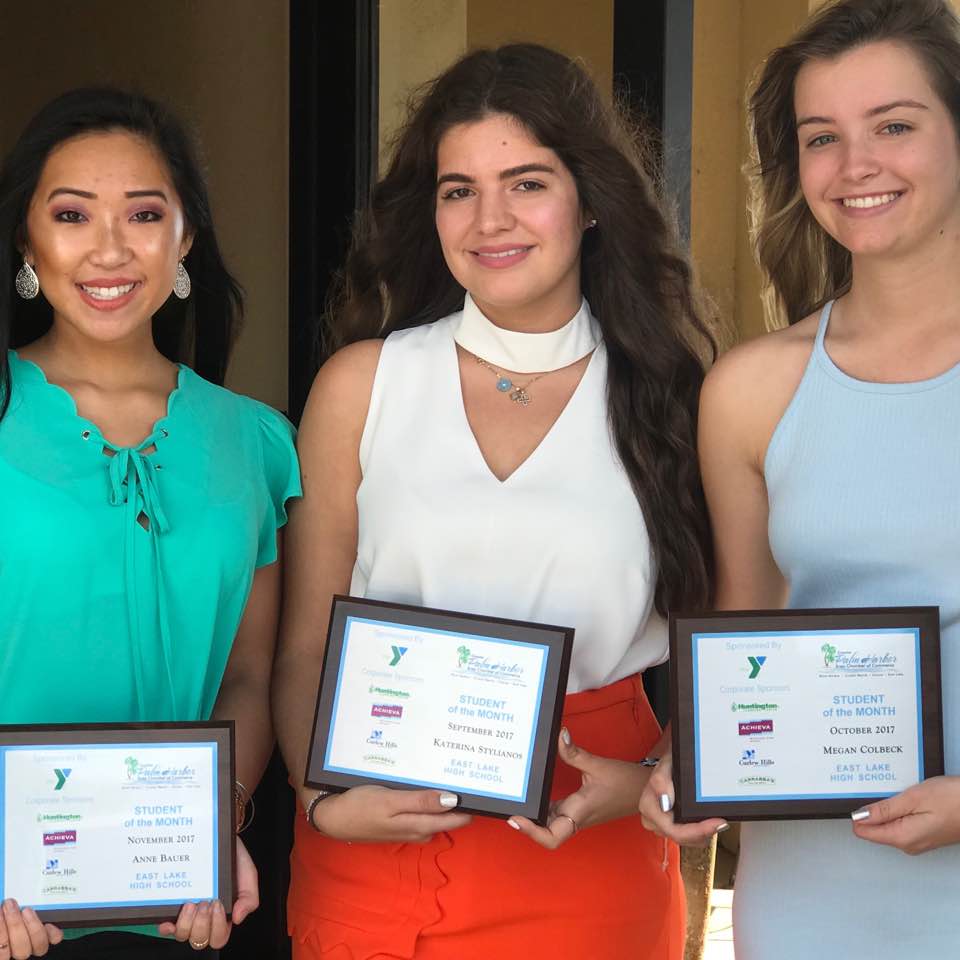 Congratulations Anne Bauer, Katerina Stylianos, and Megan Colbeck East Lake's Fall 2017 Palm Harbor Chamber of Commerce Students of the Month.