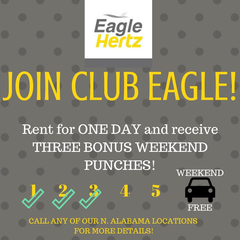 EagleAutoLLC's tweet photo. Who would like to earn a FREE #carrental? Ask how to join our #ClubEagle today! #hsv #shoals #travel https://t.co/WaNkhqEjmh https://t.co/Y6KvHgcjmE