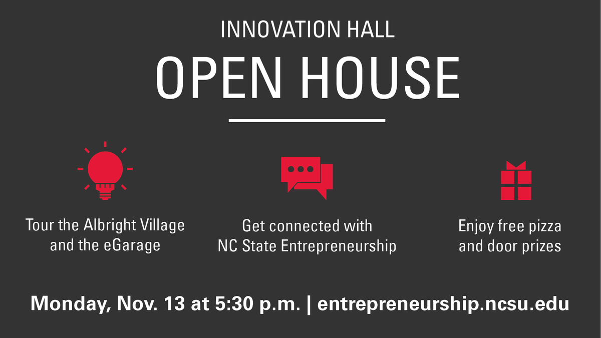 NCStateENT's tweet photo. Interested in entrepreneurship at @NCState, but not sure where to begin? Get connected with the #AlbrightVillage and #eGarage at the Innovation Hall open house tonight! #GEW2017 #NCStateENT https://t.co/qBJTkP6eJl