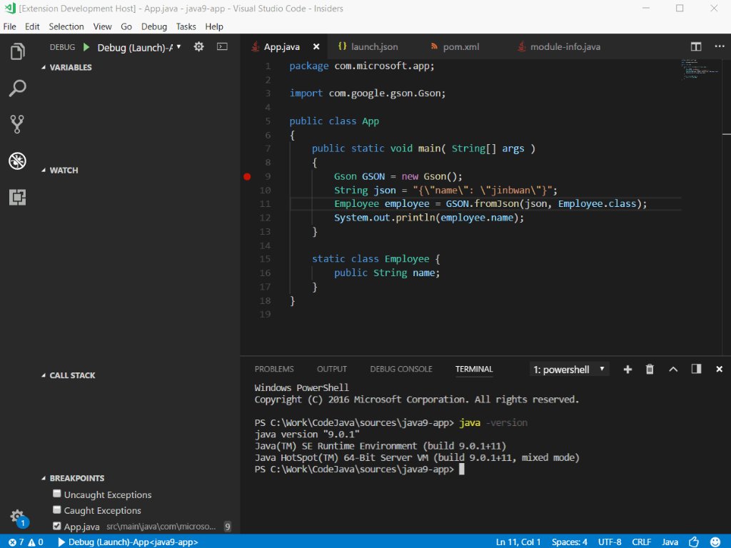 VisualStudio's tweet image. Run and Debug Java 9 in #VisualStudio @Code. See how here: msft.social/VpOobF