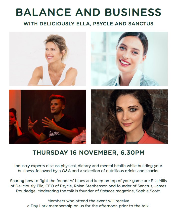 BalanceLDN's tweet photo. Balance founder Sophie Scott is hosting a panel on wellness for entrepreneurs with @DeliciouslyElla, @psyclelondon and @SanctusLDN at @sohoworks on Thurs PM. Non-members can apply to win free tickets here...   https://t.co/tiMzM5uAhb https://t.co/qsDlvi4Y4R
