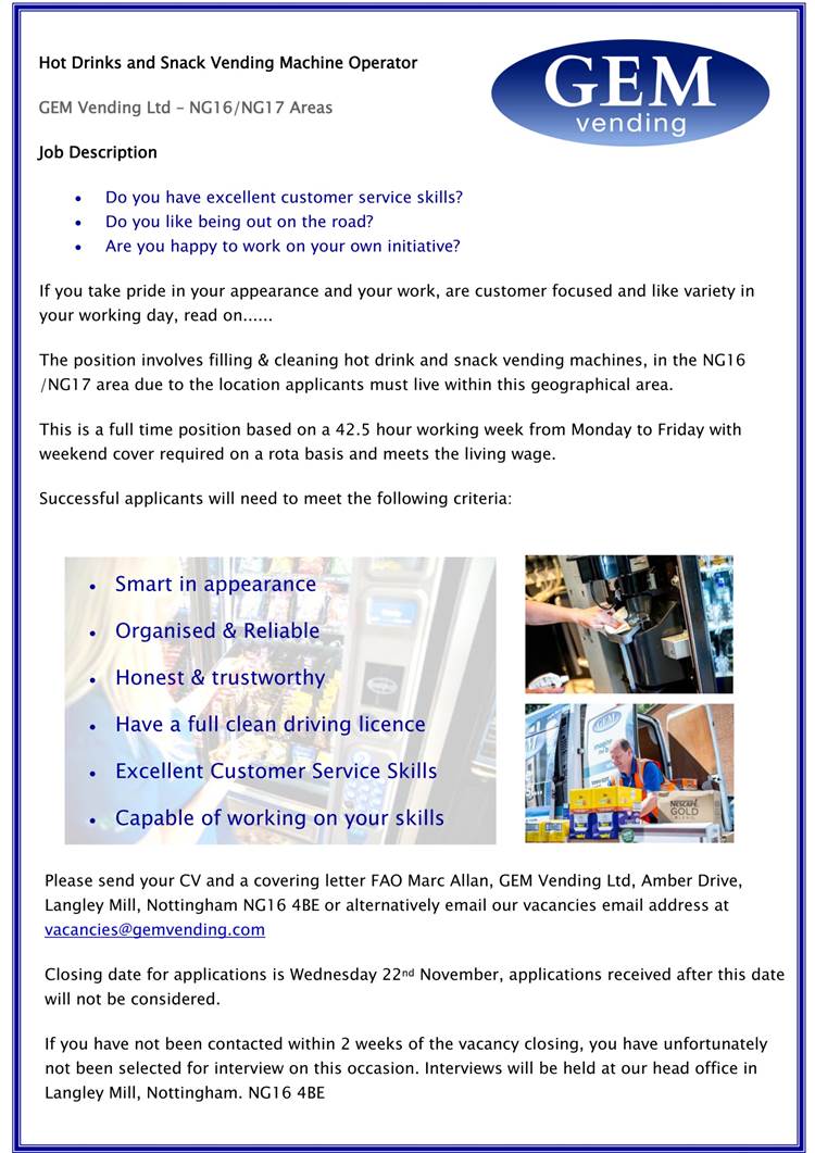 gemvending's tweet photo. We are hiring!! 

GEM Vending are recruiting for a Hot Drinks and Snack Vending Machine Operator for the Nottinghamshire area. 

Please take a look and spread the word if you know anyone who might be interested! #NewJob #VendingOperator #Nottinghamshire https://t.co/Fg7rrE60oP