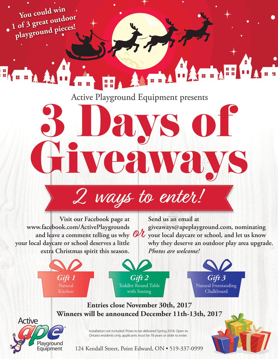 Due to the overwhelming response and the number of nominations we have received in response to our “3 Days of Giveaways”, Active Playground Equipment is upgrading Gift #1 to a Natural Mud Kitchen. Thank you all for sending in your nominations, and if you have not now is the time!