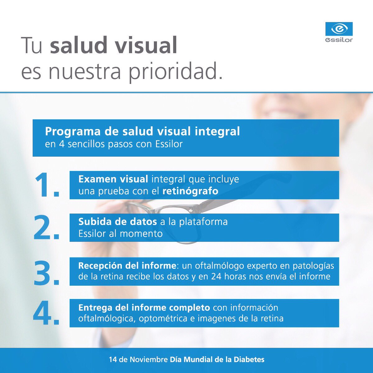 OMIRADOR's tweet photo. Pregúntanos por el programa de salud visual integral de #Essilor y hazte el #Diabetest con nosotros en el #DiaMundialdelaDiabetes https://t.co/q5cVFFhum0