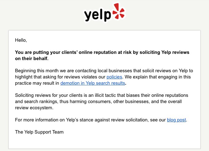 ssdinc1's tweet photo. "Yelp increasingly cracking down on 'review solicitation' across the internet"  https://t.co/OtIOrhoAJo https://t.co/kqMRXHM9L7