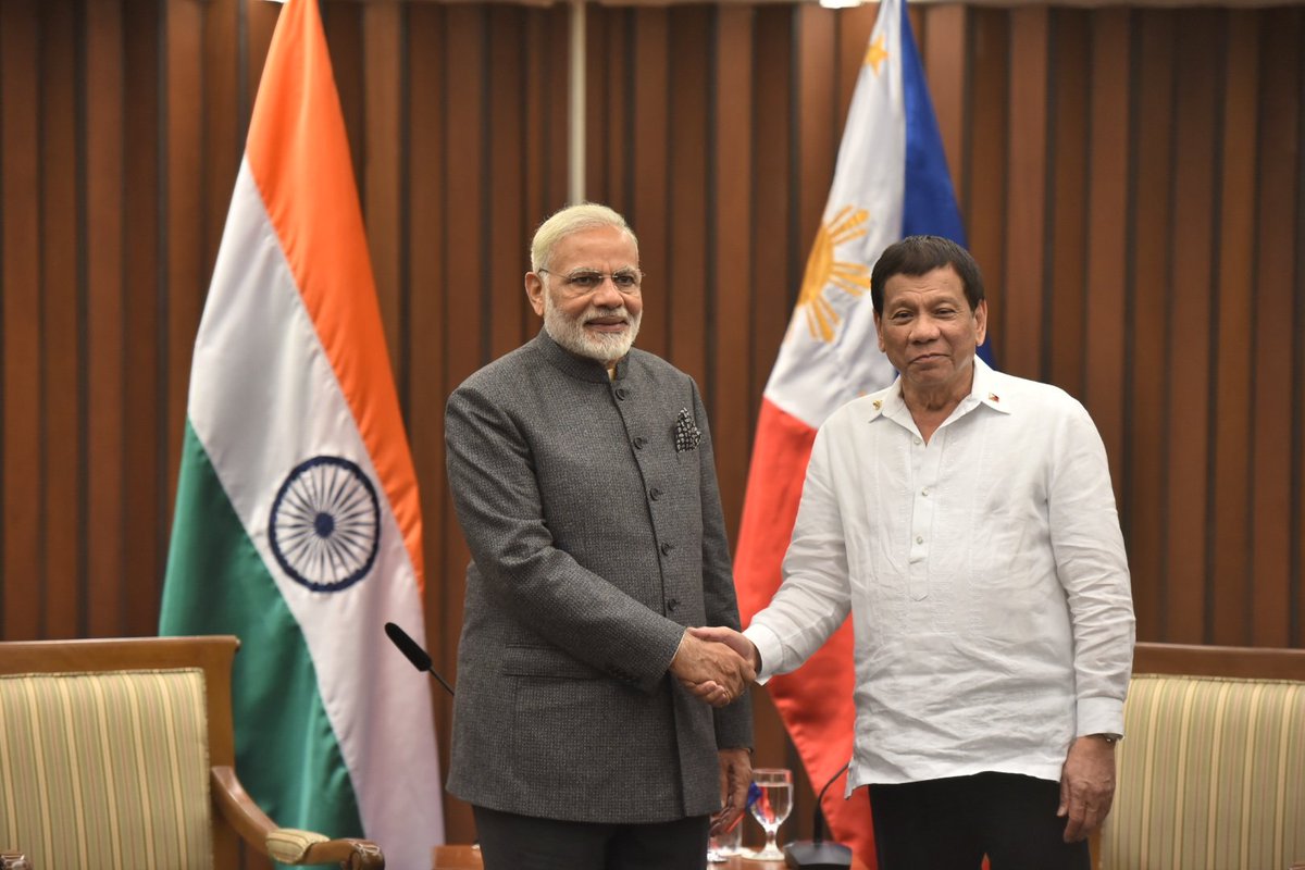 narendramodi's tweet photo. Had a productive meeting with President Rodrigo Duterte. We had extensive discussions on enhancing India-Philippines bilateral cooperation especially in trade, business and culture. https://t.co/hkWHWyGTH6